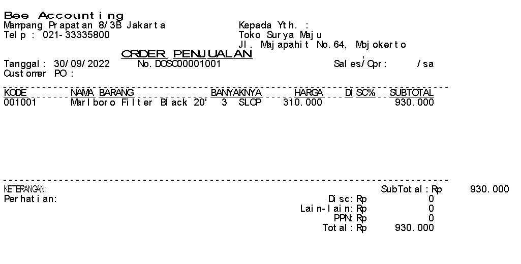 Nota Default Order Penjualan