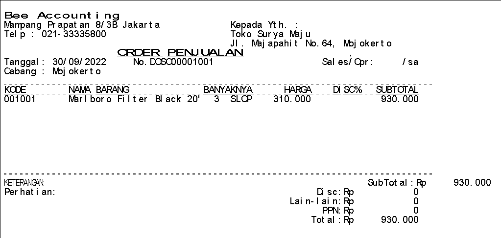 Tampilan Nota Order Penjualan Dengan Cabang