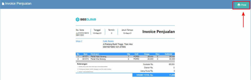Cara Print atau Cetak Nota Beecloud