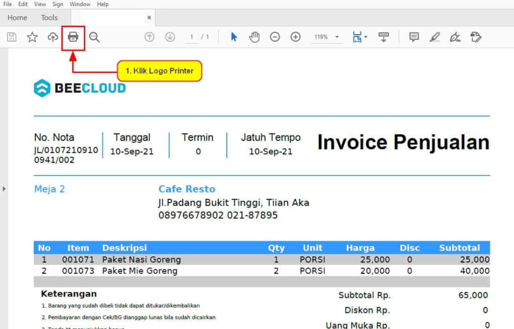 Cara Print atau Cetak Nota Beecloud