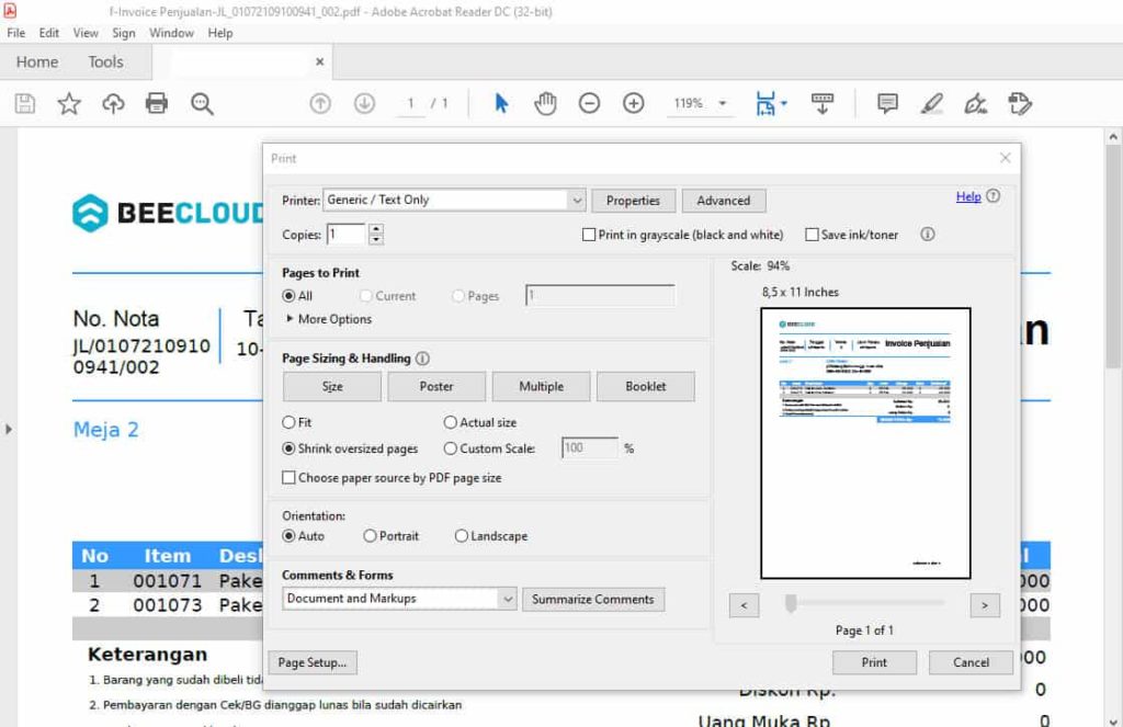 Cara Print atau Cetak Nota Beecloud