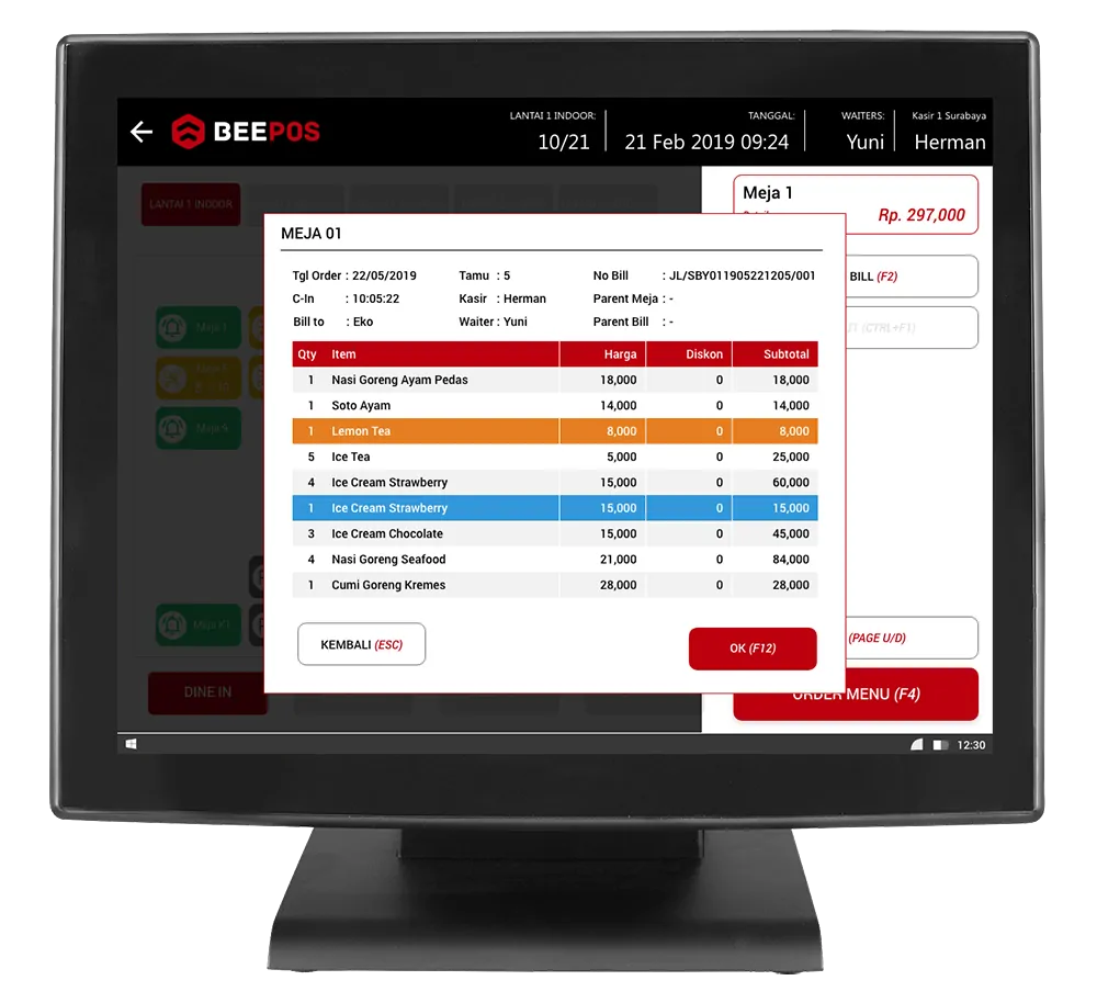 Screenshot Software Restoran Detail Order Meja
