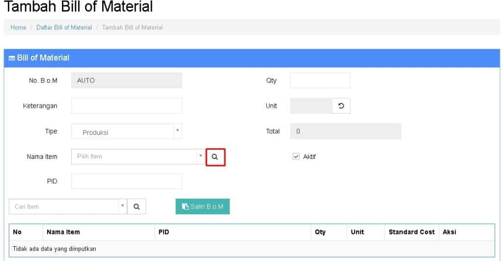 Cara Input B.O.M Untuk Produksi Beecloud