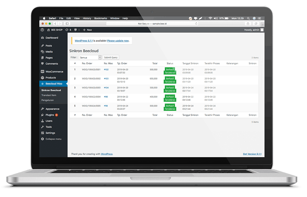 Tampilan Sinkronisasi Transaksi WooCommerce ke Beecloud