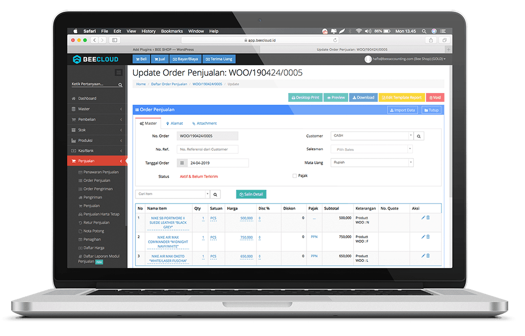 Tampilan Transaksi WooCommerce di Beecloud