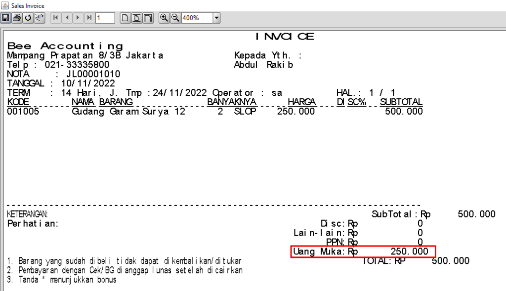 Invoice Penjualan Dengan Dp