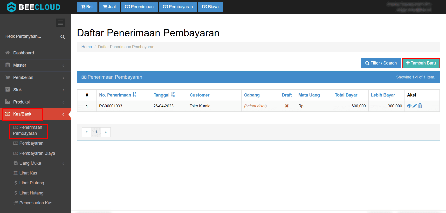 Klik Tambah Baru Penerimaan Pembayaran
