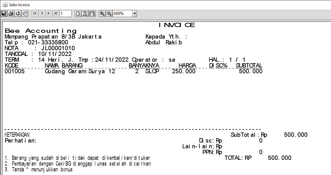 Nota Penjualan Default Beeaccounting