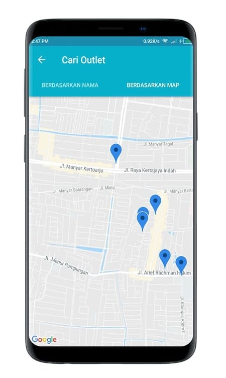 Tampilan SO Mobile Cari Outlet di Map