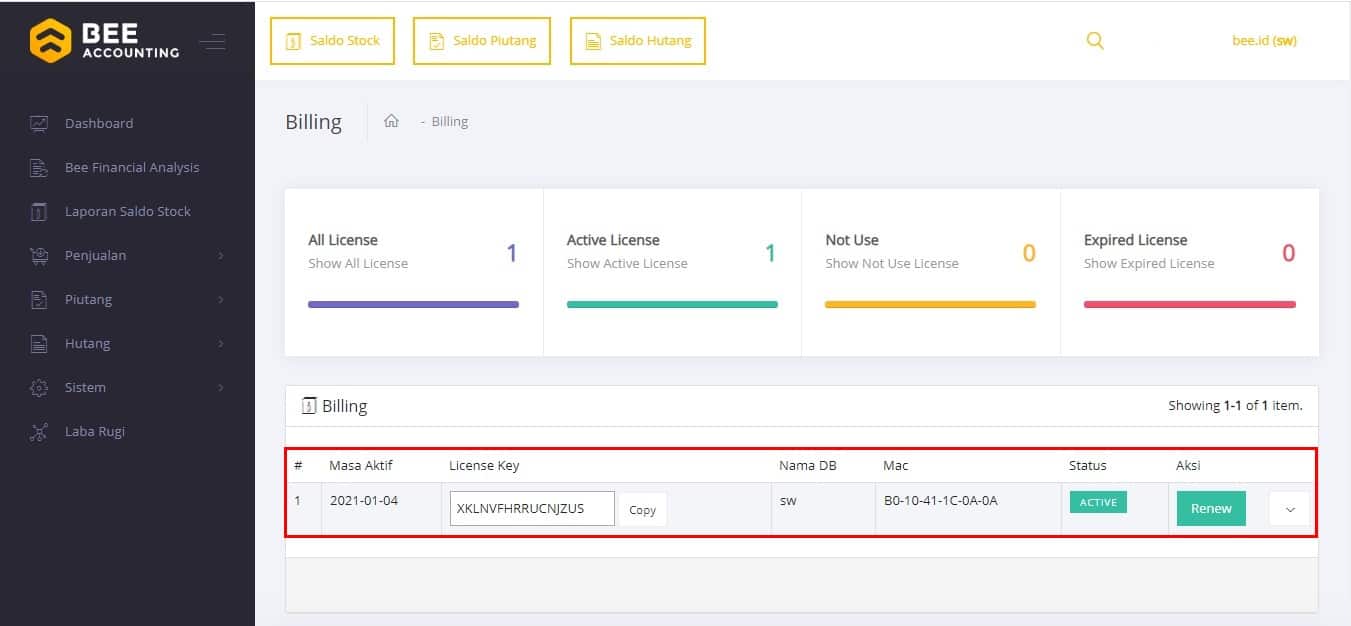 Perpanjang(Renewal) Masa Langganan Beeaccounting Dashboard