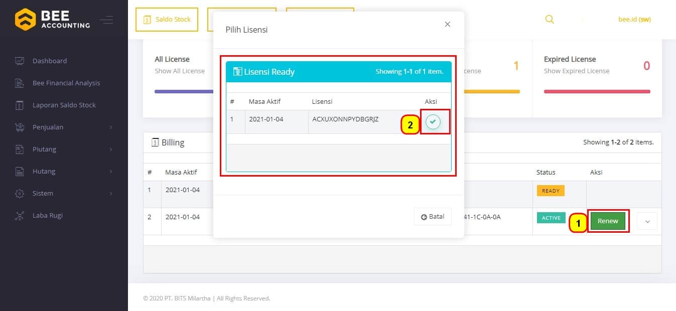 Perpanjang(Renewal) Masa Langganan Beeaccounting Dashboard