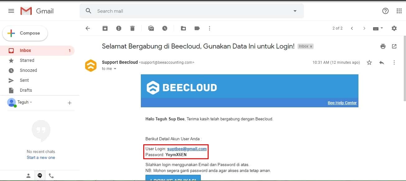 Email Konfirmasi Beecloud (Informasi Password Login Utama)