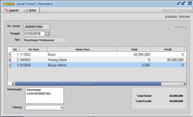 Penerimaan Hutang dipotong Biaya Admin Beeaccounting