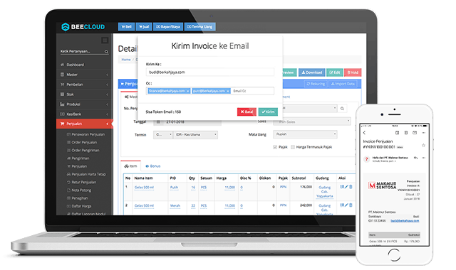Tampilan Kirim Invoice via Email Beecloud di Laptop Hape