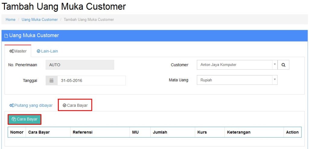 Membuat Uang Muka Customer Beecloud