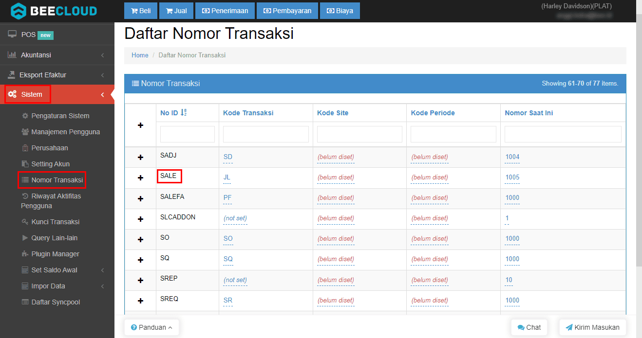 Akses Menu Nomor Transaksi