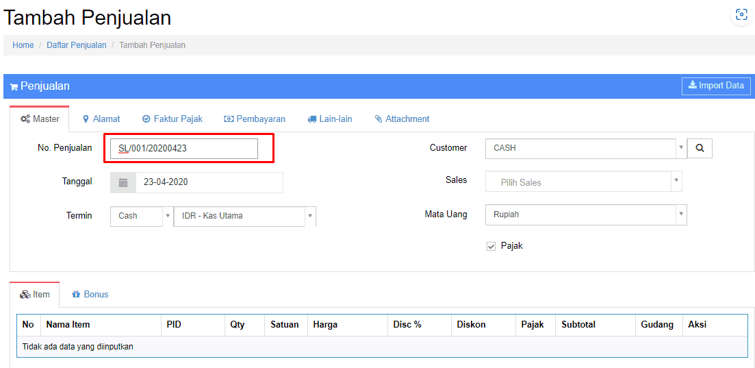 Contoh Transaksi Nomor Manual