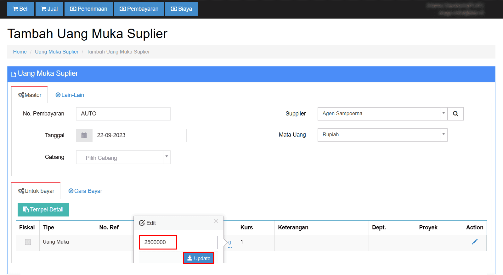 Input Nominal Uang Muka Supplier