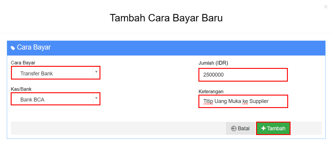 Inputkan Cara Bayar Fix