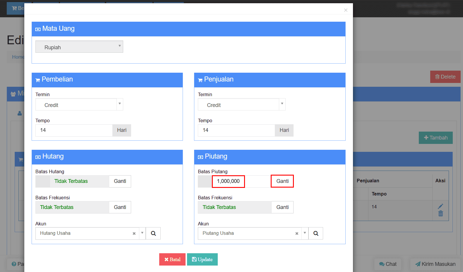 Klik Ganti Dan Input Nominal Batas Piutang