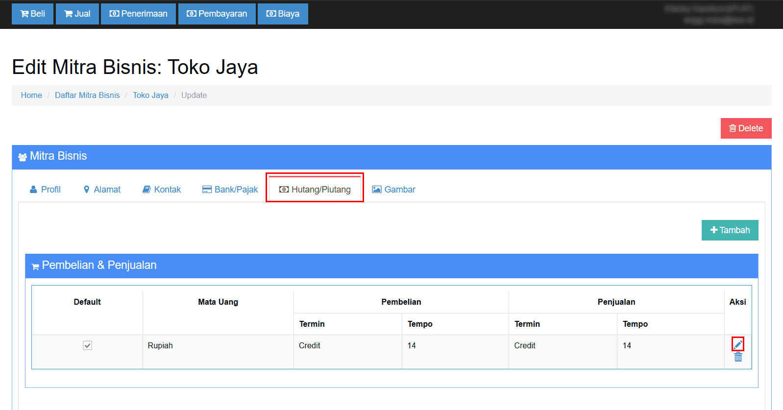 Klik Tab Hutang Piutang