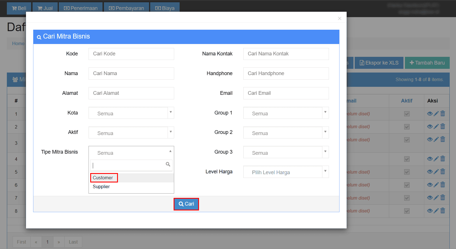 Pilih Filter Tipe Mitra Bisnis Customer