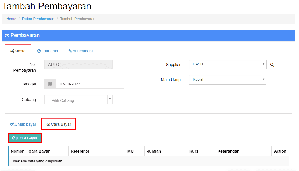 Pilih Tab Cara Bayar