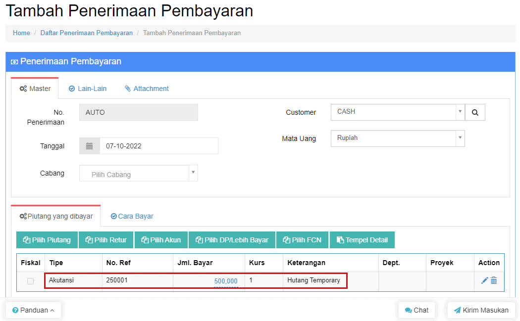 Tampilan Detail Penerimaan Terinput