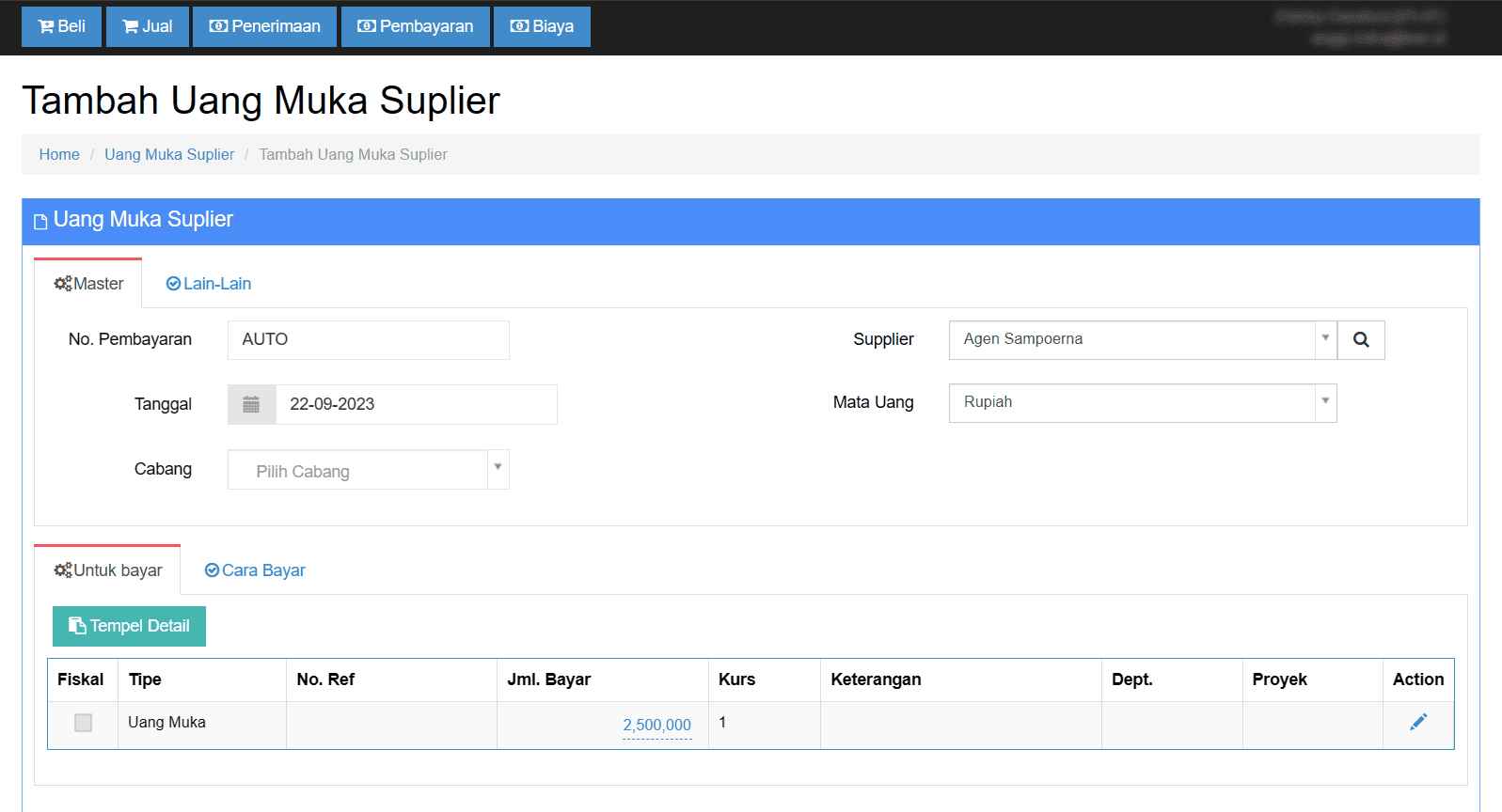Uang Muka Supplier Terinput