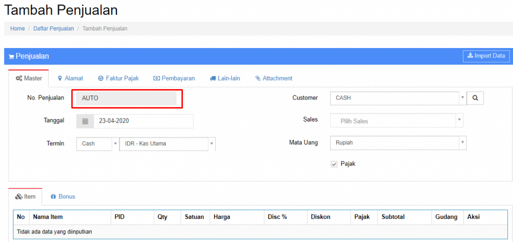 Membuat/Input Nomor Nota Manual