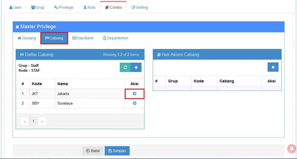 Setting Hak Akses Per Cabang