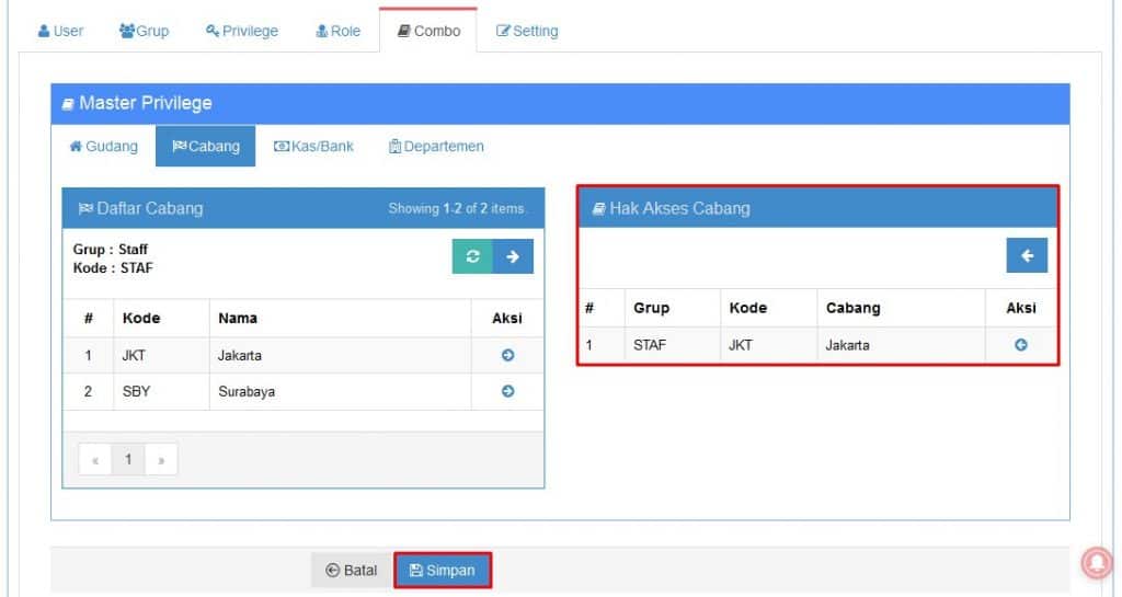 Setting Hak Akses Per Cabang