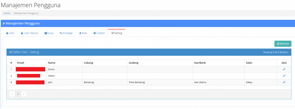 Setting Default Gudang - Cabang - Kas - Sales Per User