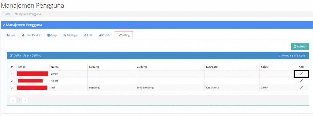 Setting Default Gudang - Cabang - Kas - Sales Per User