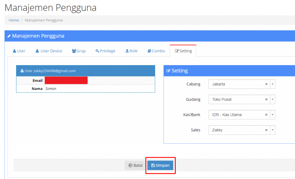 Setting Default Gudang - Cabang - Kas - Sales Per User