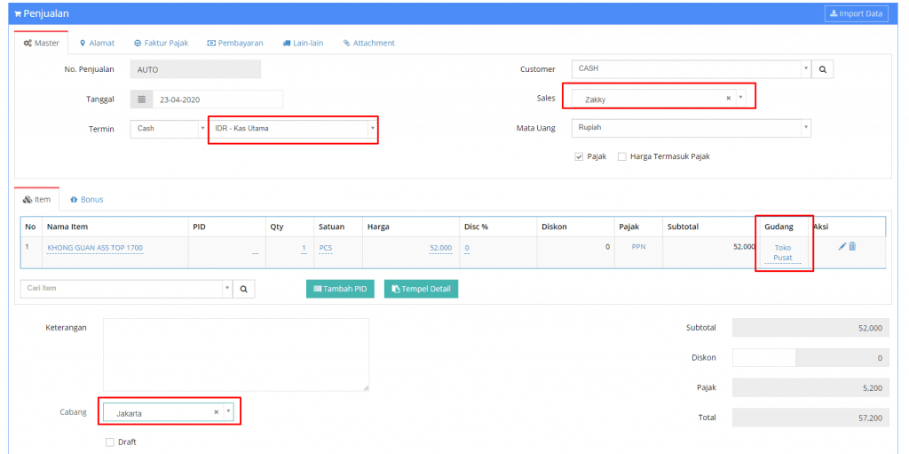 Setting Default Gudang - Cabang - Kas - Sales Per User