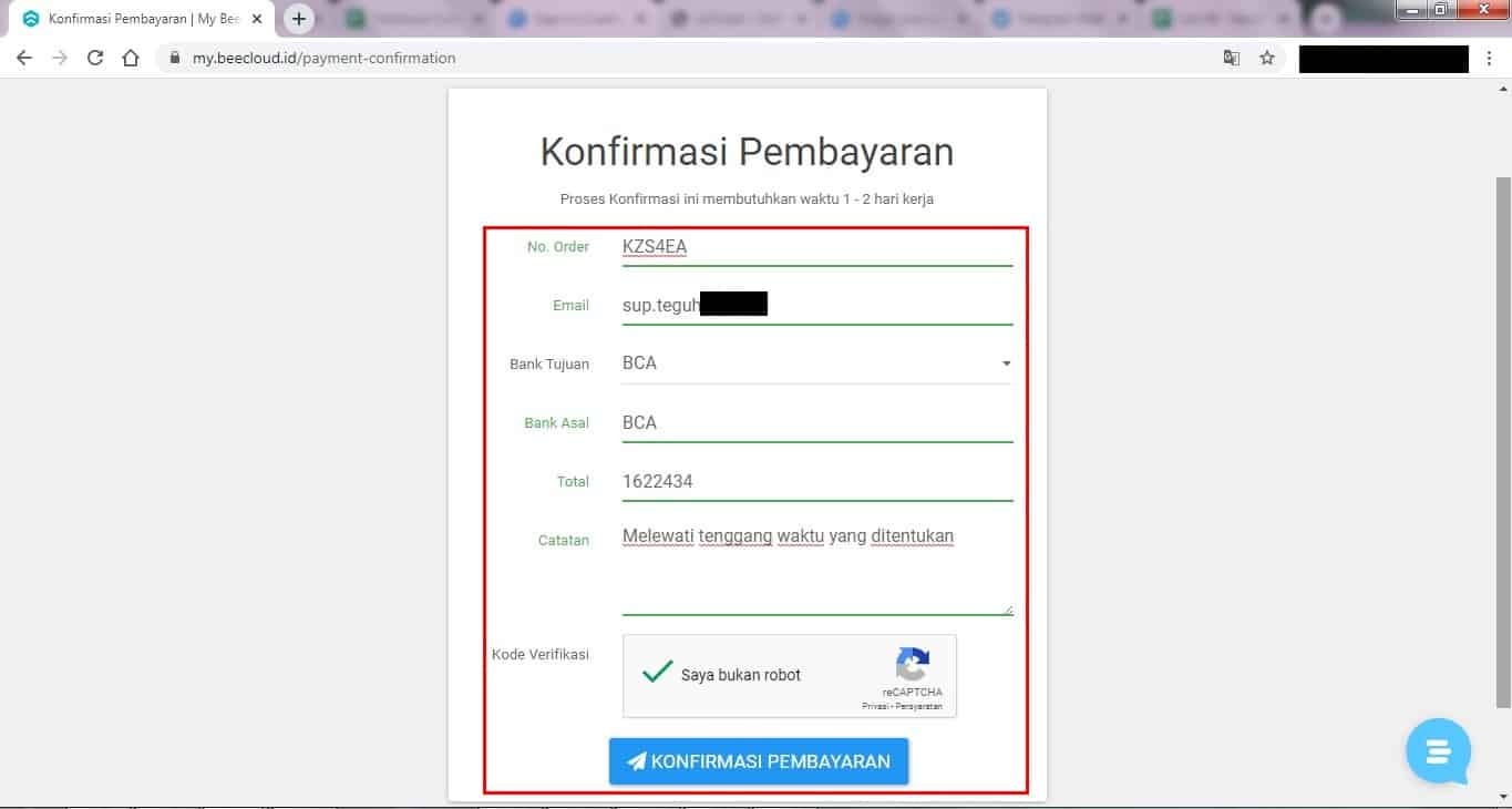 Konfirmasi Pembayaran - Order Beecloud