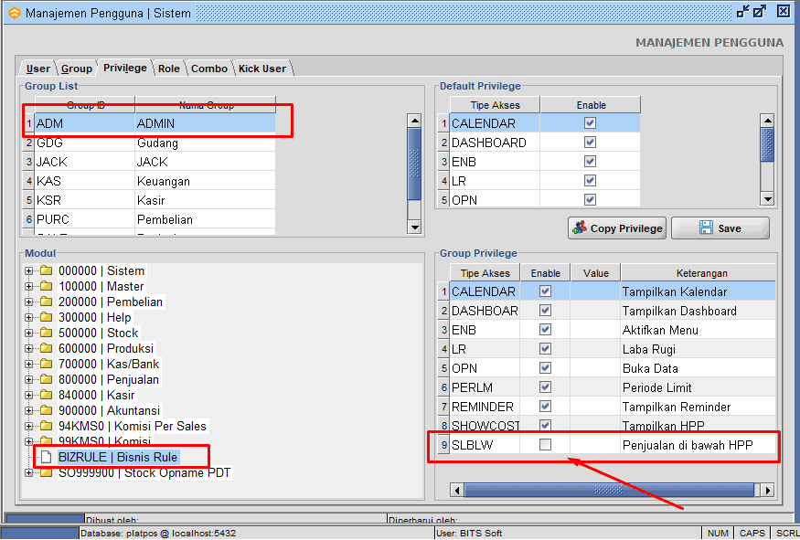 Setting Hak Akses Jual Dibawah HPP Bee Accounting