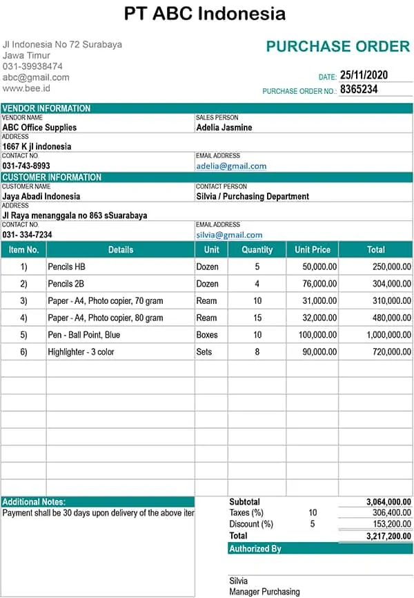 contoh format order pembelian