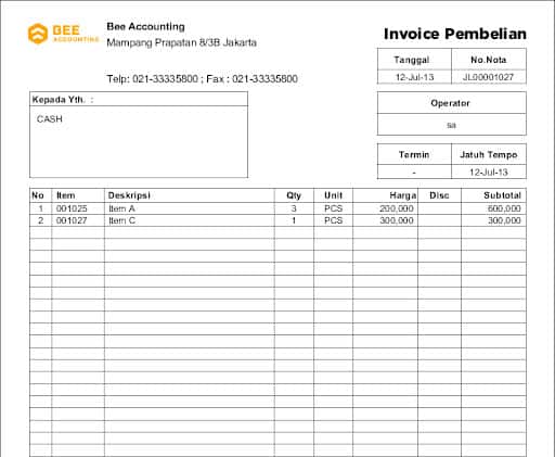 Contoh Faktur Pembelian