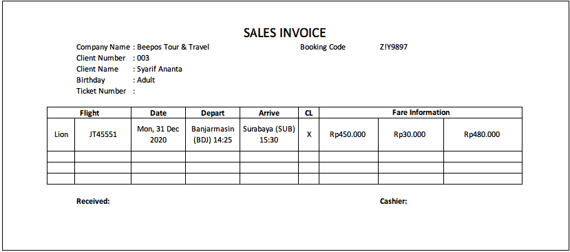 Contoh Invoice Untuk Tour Travel