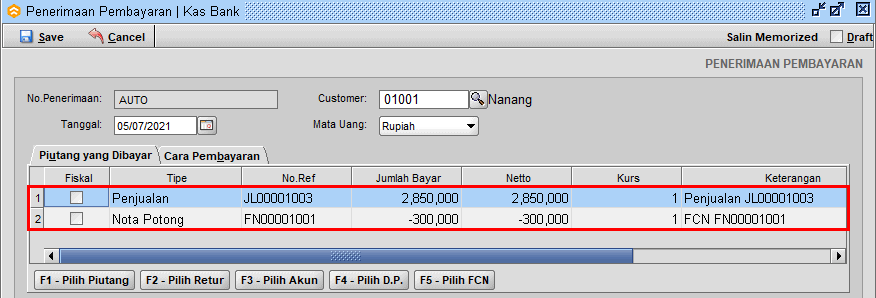 Penerimaan Pembayaran Potong Nota Potong(FCN)