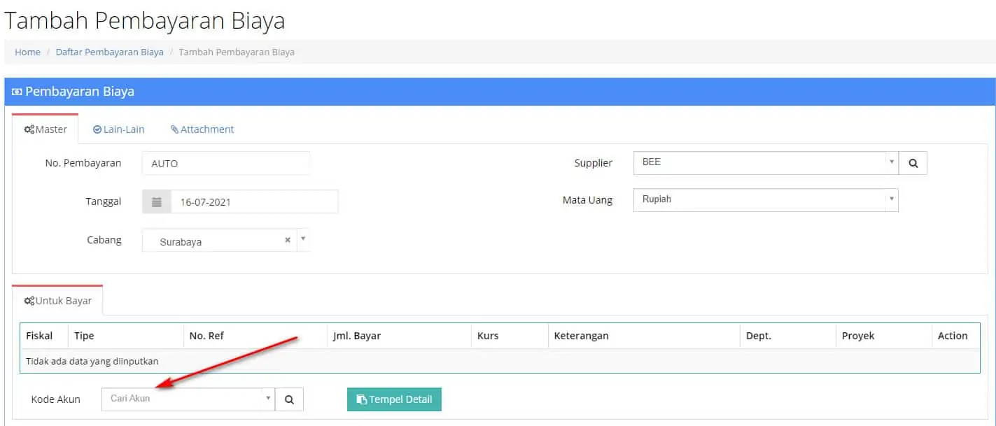 Input Biaya dan Pendapatan Department