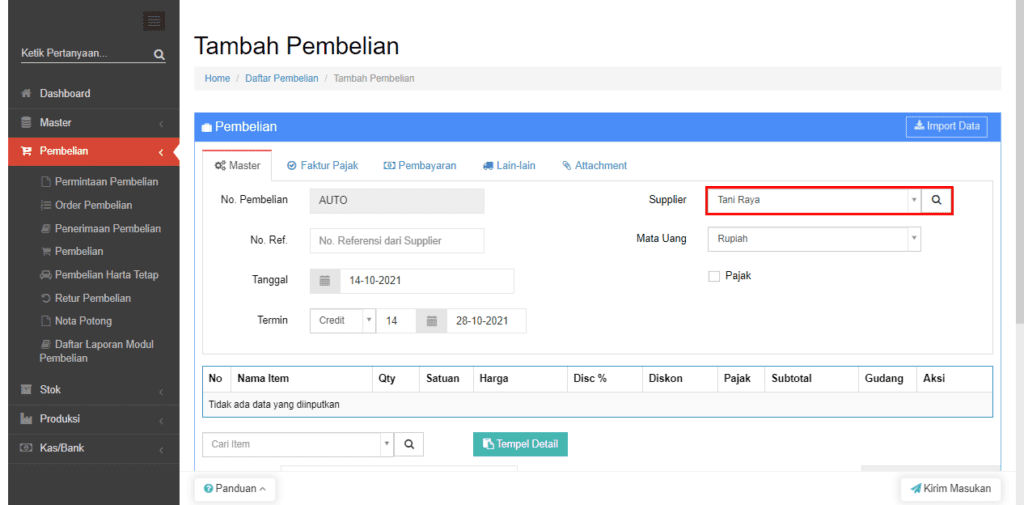Pembuatan Invoice Pembelian setelah Barang Diterima