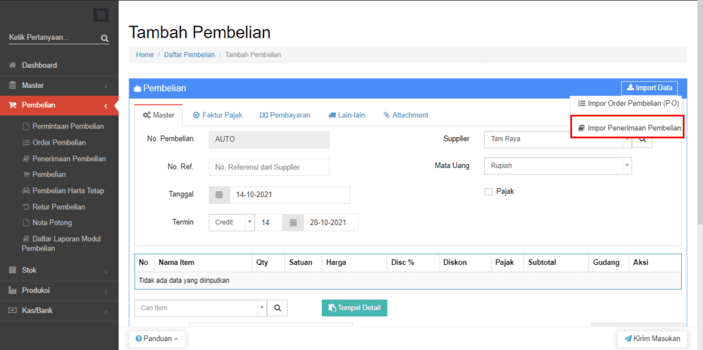 Pembuatan Invoice Pembelian setelah Barang Diterima