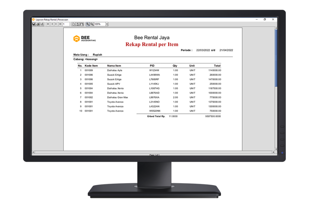 11 Beeaccounting Software Rental Laporan Rekap Rental per Kendaraan