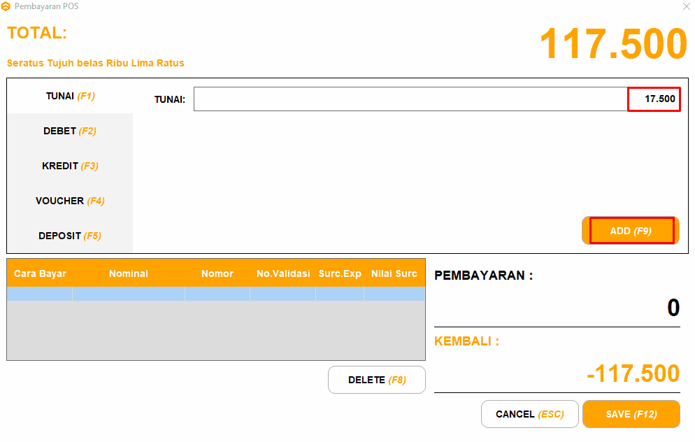 Input Pembayaran Tunai