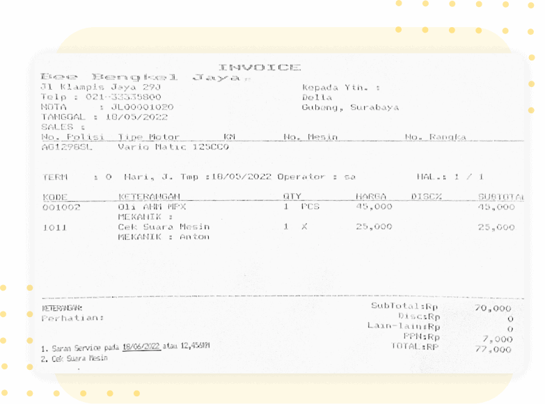 Invoice Dan Saran Service Rutin Berkala Software Bengkel
