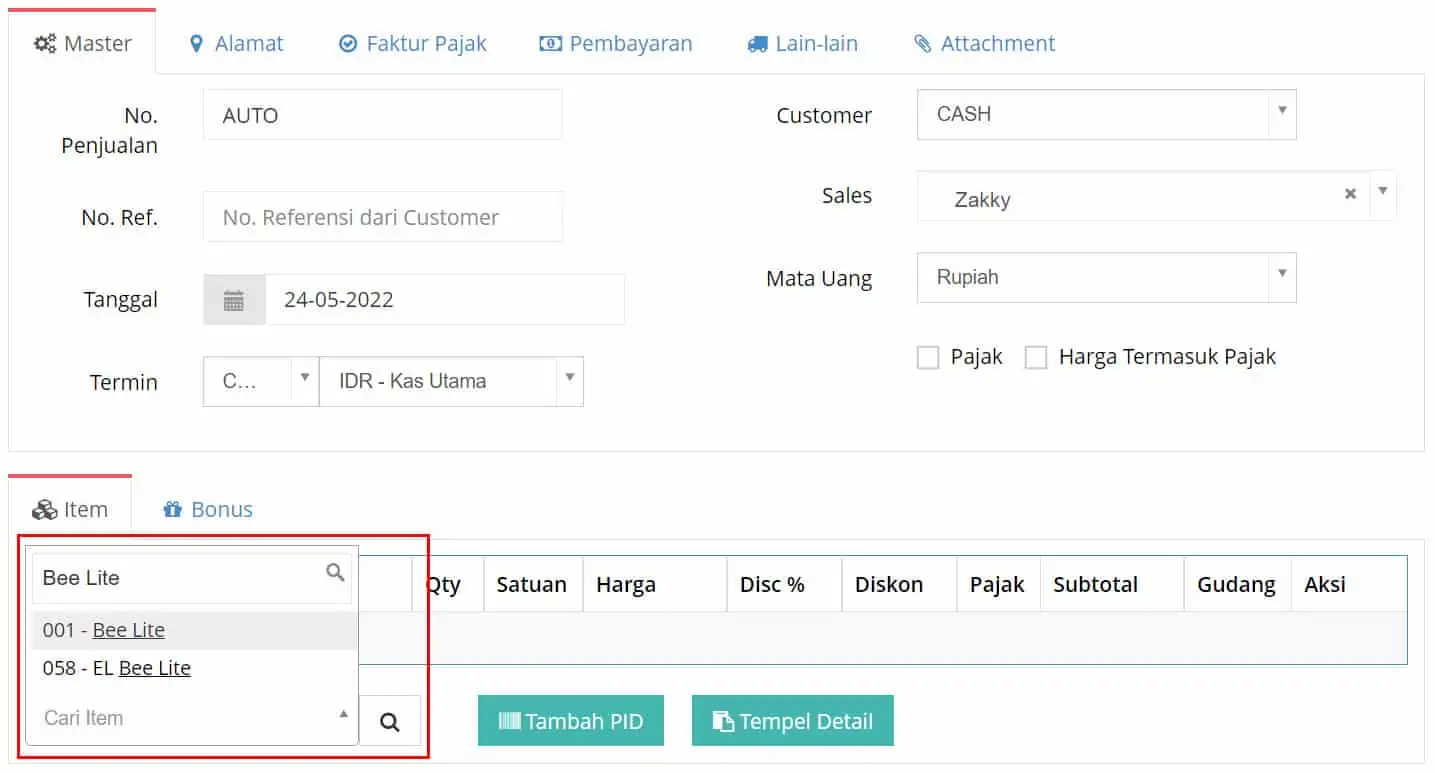 Tidak Bisa Input Item Bc 1