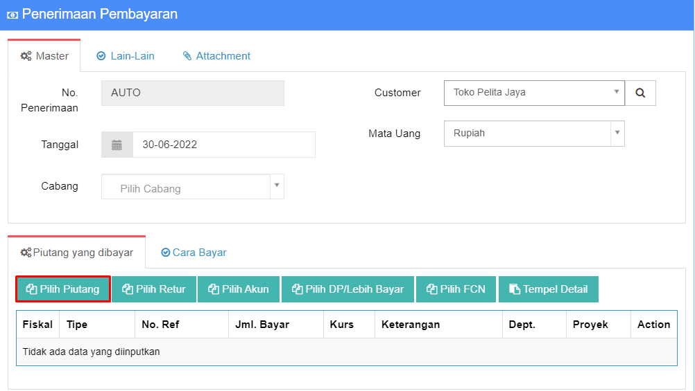 Klik Pilih Piutang
